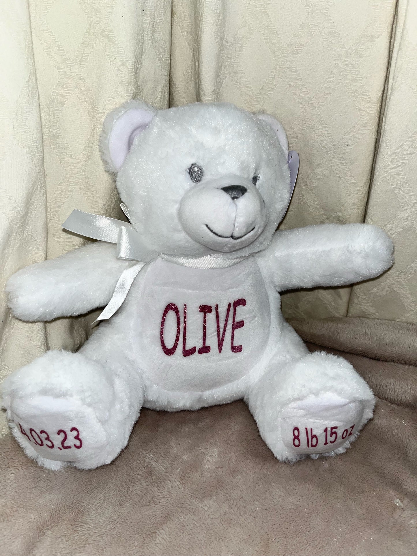 Teddy with Name on The Belly, Date Of Birth and Weight